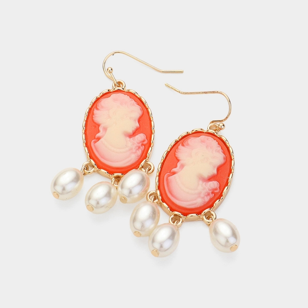Coral Pearl Cameo Pendant Drop Dangle Earrings Triple Oval Charm Lady Womans